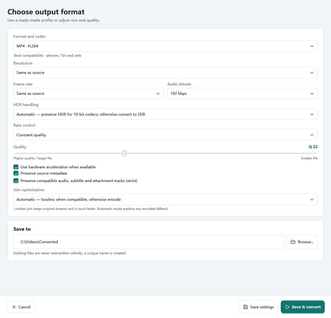 Output settings before conversion starts
